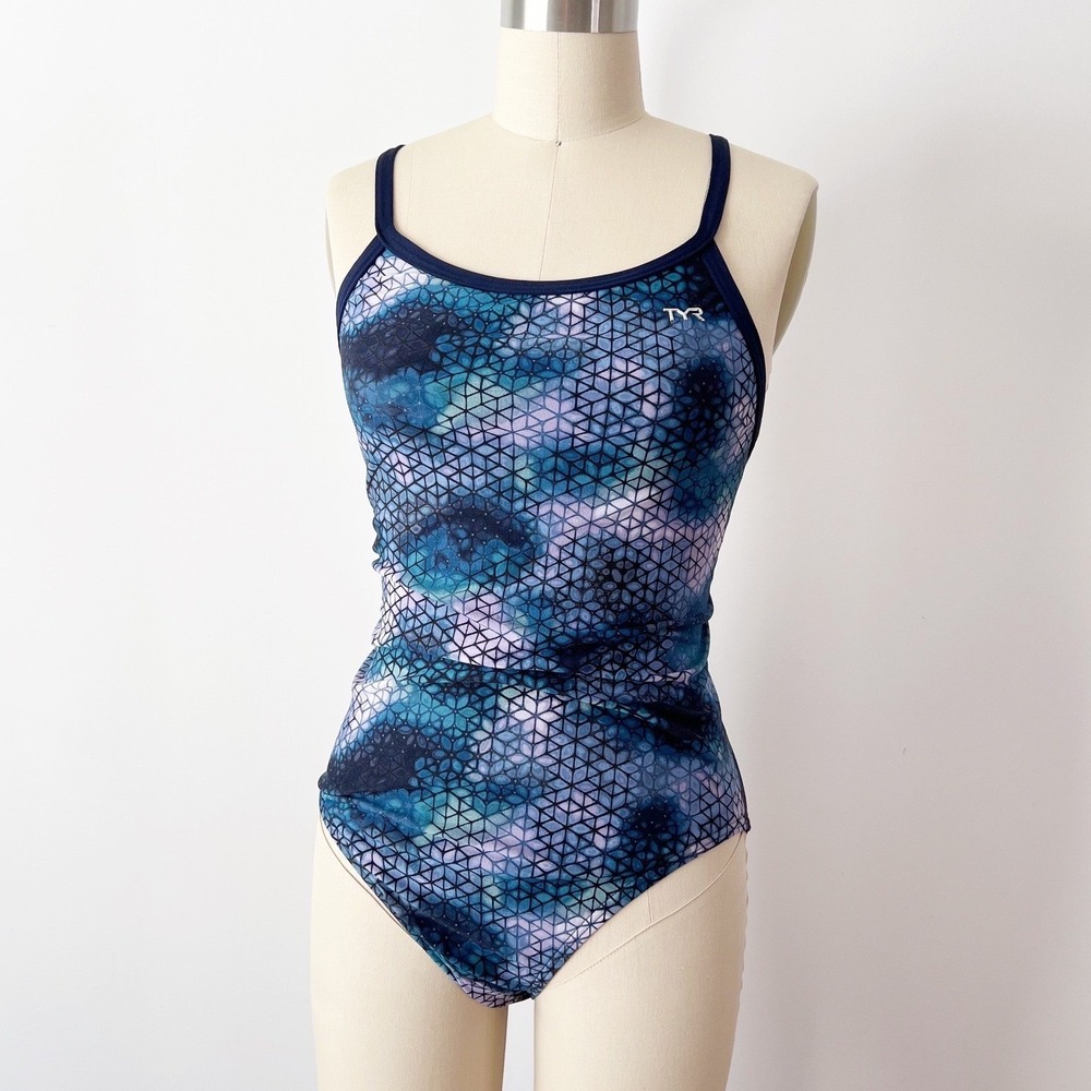 TYR One Piece Swimsuit Blue Geometric‎ Starhex Crossback Durafast Diamondfit